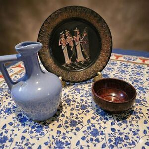 Vintage Boho Decor Bundle - Egyptian Motif Plate, Hand-Wood, Periwinkle  Vase